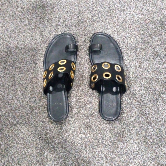 Ladies Black Leather Sandals with Gold Accents - Picture 1 of 5